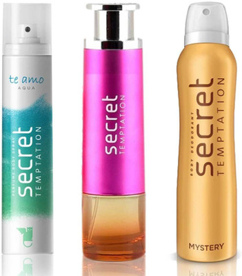 

Secret Temptation Bohemia Day Edp (100 ml), Te Amo Aqua Perfume Body Spray For Women (120 ml) and Mystery Deodorant For Women (150 ml) Perfume - 370 ml(For Men & Women)