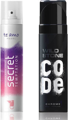

Secret Temptation Te Amo Pearl Perfume Body Spray For Women and Wild Stone Code Chrome Perfume Body Spray (120 ml each) Pack of 2 Perfume - 240 ml(For Men & Women)