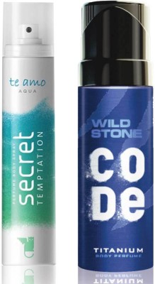 

Secret Temptation Te Amo Aqua Perfume Body Spray For Women and Wild Stone Code Titanium Perfume Body Spray (120 ml each) Pack of 2 Perfume - 240 ml(For Men & Women)