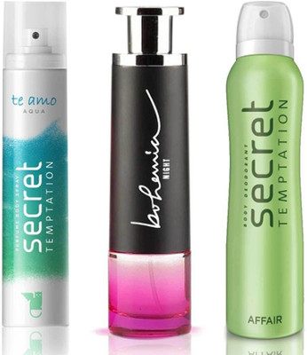 

Secret Temptation Bohemia Night Edp (100 ml), Te Amo Aqua Perfume Body Spray For Women (120 ml) and Affair Deodorant For Women (150 ml) Perfume - 370 ml(For Men & Women)