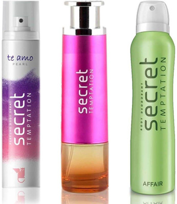 

Secret Temptation Bohemia Day Edp (100 ml), Te Amo Pearl Perfume Body Spray For Women (120 ml) and Affair Deodorant For Women (150 ml) Perfume - 370 ml(For Men & Women)