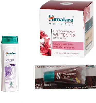 

Himalaya Clear Complexion Whitening Day Cream, Soothing Body Lotion, Cocoa Butter Lip Balm(Set of 3)