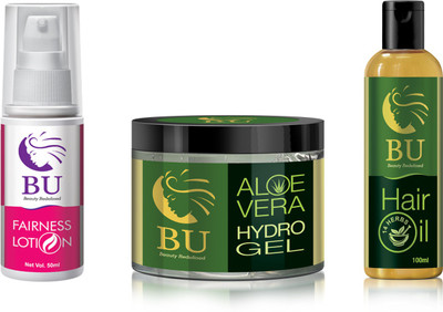 

BU Healthcare 100% Natural&Organic Face and Hair Beauty Kit (Fairness Cream+Aloe Vera Gel+Anti-Greying Oil)(Set of 3)