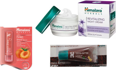 Himalaya Revitalizing Night Cream, Peach Shine Lip Care, Cocoa Butter Lip Balm(Set of 3)
