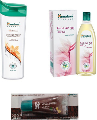

Himalaya DAMAGE SHAMPOO, ANTI HAIR FALL OIL, COCA BUTTER LIP BALM(Set of 3)