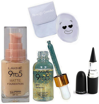 

FANCIFY COMBO silicon puff,lakme 9to5 gold radiance face serum,matte foundation,stick kajal(Set of 4)