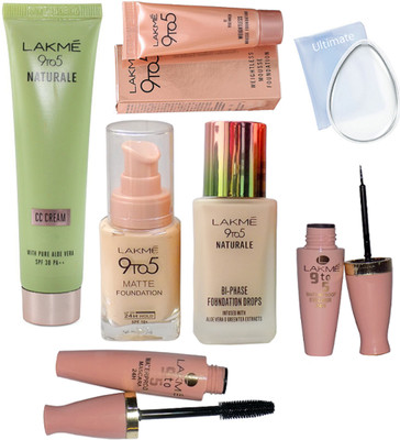 

Ultimate silicon puff,Lakme 9to5 Naturale and matte foundation, CC cream, weightless mousse foundation, waterproof eyeliner and mascara(Set of 7)