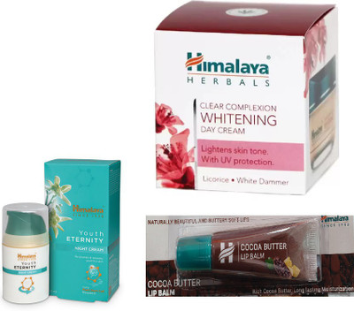 

Himalaya Clear Complexion Whitening Day Cream, Youth eternity Night Cream, Cocoa Butter Lip Balm(Set of 3)