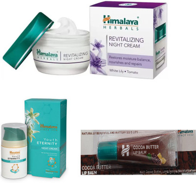

Himalaya Revitalizing Night Cream, Youth Eternity Night Cream, Cocoa Butter Lip Balm(Set of 3)