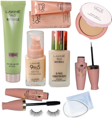 

Ultimate silicon puff,Lakme 9to5 Naturale and matte foundation, CC cream, weightless mousse foundation, waterproof eyeliner and mascara, primer matte powder foundation with eyelashes(Set of 9)