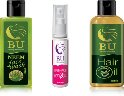 

BU Healthcare 100% Natural&Organic Face and Hair Kit (Anti-Greying Oil+Fairness Cream+Neem FaceWash)(Set of 3)