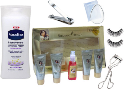 

Ultimate silicon puff,Shahnaz Husain gold facial kit, intensive care body lotion, nail cutter, eyelashes and eyelashes curler(Set of 6)