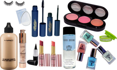 

importedd silicon puff, Mac face and body foundation, padma eyeliner and mascara, 3 shade blusher, stick kajal, professional nail polish pack of 4, prep+prime highlighter, 9to5 lipstick pack of 2, nail polish remover, eyelashes(Set of 16)