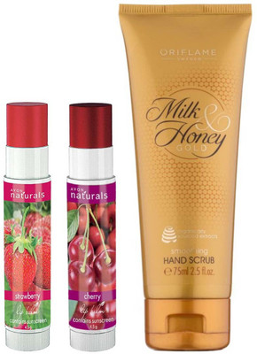 

Avon Anew Naturals Strawberry & Cherry Lip Balm (set of 2) Fruity (9 g) with one oriflame sweden hand scrub 75 g(Set of 3)