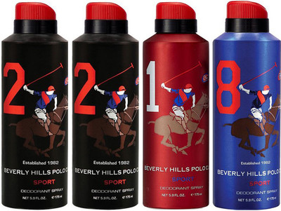 

Beverly Hills Polo Club Two No. 2, One No. 1 and One No. 8 Deodorant Spray - For Men(700 ml, Pack of 4)