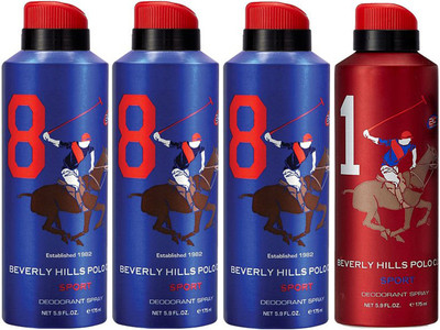 

Beverly Hills Polo Club Three No. 8 and One No. 1 Deodorant Spray - For Men(700 ml, Pack of 4)