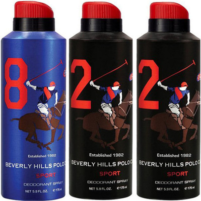 

Beverly Hills Polo Club One No. 8 and Two No. 2 Deodorant Spray - For Men(525 ml, Pack of 3)