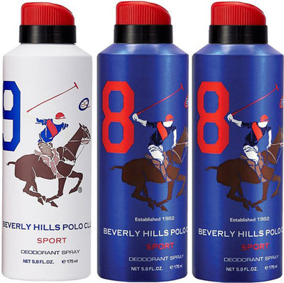 

Beverly Hills Polo Club One No. 9 and Two No. 8 Deodorant Spray - For Men(525 ml, Pack of 3)
