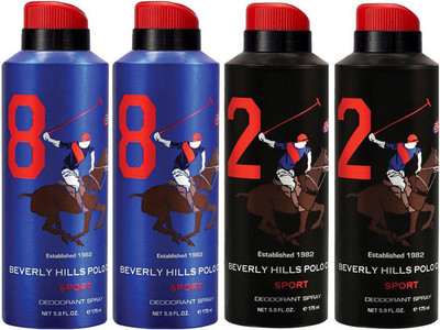 

Beverly Hills Polo Club Two No. 8 and Two No. 2 Deodorant Spray - For Men(700 ml, Pack of 4)