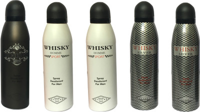 

WHISKY 1 BLACK , 2 SPORT, 2 SILVER (PACK OF 5) Body Spray - For Men(200 ml, Pack of 5)