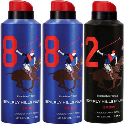 

Beverly Hills Polo Club Two No. 8 and One No. 2 Deodorant Spray - For Men(525 ml, Pack of 3)