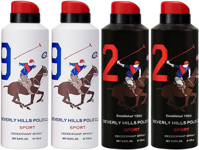 

Beverly Hills Polo Club Two No. 9 and Two No. 2 Deodorant Spray - For Men(700 ml, Pack of 4)