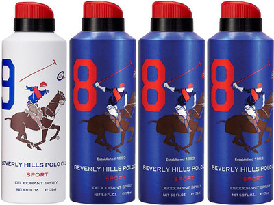 

Beverly Hills Polo Club One No. 9 and Three No. 8 Deodorant Spray - For Men(700 ml, Pack of 4)