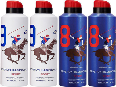 

Beverly Hills Polo Club Two No. 9 and Two No. 8 Deodorant Spray - For Men(700 ml, Pack of 4)