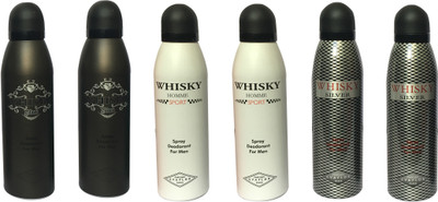 

WHISKY 2 BLACK , 2 SPORT, 2 SILVER (PACK OF 6) Body Spray - For Men(200 ml, Pack of 6)
