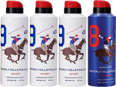 

Beverly Hills Polo Club Three No. 9 and One NO. 8 Deodorant Spray - For Men(700 ml, Pack of 4)