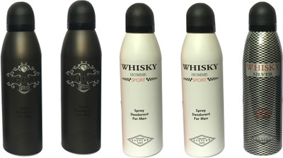 

WHISKY 2 BLACK , 2 SPORT, 1 SILVER (PACK OF 5) Body Spray - For Men(200 ml, Pack of 5)