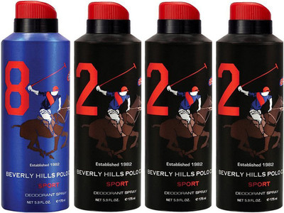 

Beverly Hills Polo Club One No. 8 and Three No. 2 Deodorant Spray - For Men(700 ml, Pack of 4)