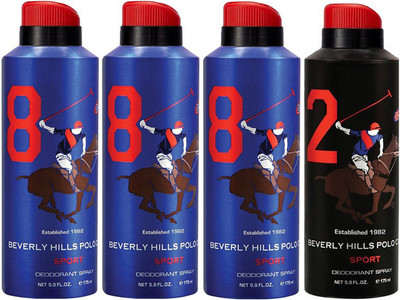 

Beverly Hills Polo Club Three No. 8 and One No. 2 Deodorant Spray - For Men(700 ml, Pack of 4)