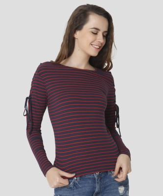 ONLY Striped Women Boat Neck Blue T-Shirt