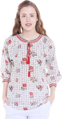 FUSION BEATS Casual Regular Sleeve Printed Women Red, White Top