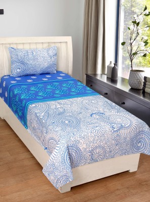 Bene Cotone 104 TC Cotton Single Floral Flat Bedsheet(Pack of 1, White, Blue)