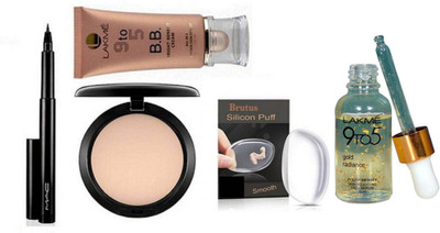 

brutus Silicon Puff, 9 to 5 bright benefit cream, compact & Pencil Eyeliner & Lakme 9to5 Face Serum(Set of 5)(Set of 5)