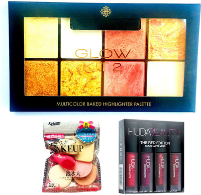 

keli spirea collection professional baked highlighter palette, matte lipstick set and beauty sponge set of 6(Set of 3)
