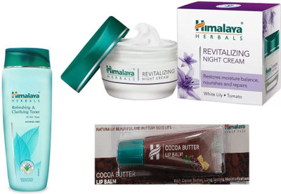 

Himalaya Refreshing Clarifying Toner, Revitalizing Night Cream, Cocoa Butter Lip Balm(Set of 3)