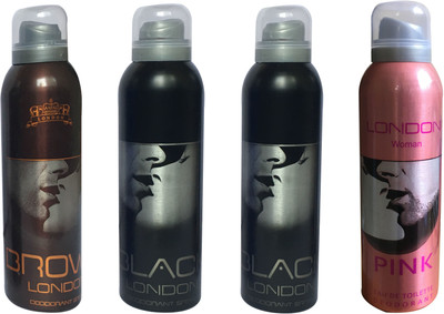 

LONDON 1 BROWN , 2 BLACK AND 1 PINK ( PACK OF 4) Deodorant Spray - For Men & Women(200 ml, Pack of 4)