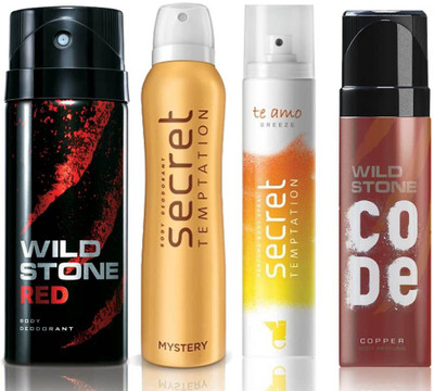 

Wild Stone Red Deodorant (150 ml), Code Copper Perfume(120 ml) and Secret Temptation Mystery Deodorant (150 ml), Te Amo Breeze Body Perfume (120 ml), Pack of 4 Perfume Body Spray - For Men & Women(540 ml, Pack of 4)