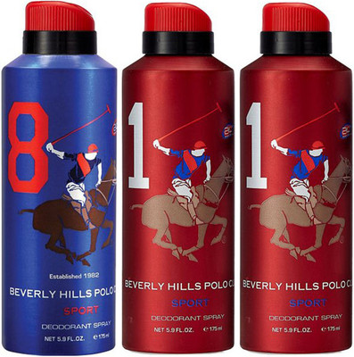 

Beverly Hills Polo Club One No. 8 and Two No. 1 Deodorant Spray - For Men(525 ml, Pack of 3)