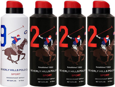 

Beverly Hills Polo Club One No. 9 and Three No. 2 Deodorant Spray - For Men(700 ml, Pack of 4)
