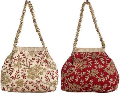 KUBER INDUSTRIES 2 Pieces Embroidered Woman Potli Bag (Cream & Maroon)-CTKTC4078 Cosmetic Bag(Pack of 2)