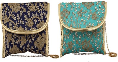 KUBER INDUSTRIES Blue, Gold, Green Sling Bag 2 Pieces Handcrafted Embroidered Clutch Women Handbag (Purple & Green) -CTKTC4088