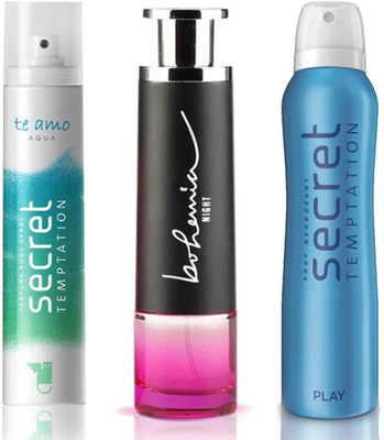 

Secret Temptation Bohemia Night Edp (100 ml), Te Amo Aqua Perfume Body Spray For Women (120 ml) and Play Deodorant For Women (150 ml) Perfume - 370 ml(For Men & Women)