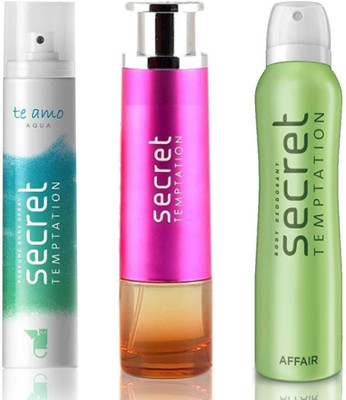 

Secret Temptation Bohemia Day Edp (100 ml), Te Amo Aqua Perfume Body Spray For Women (120 ml) and Affair Deodorant For Women (150 ml) Perfume - 370 ml(For Men & Women)