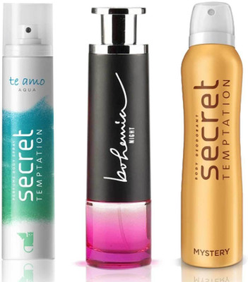 

Secret Temptation Bohemia Night Edp (100 ml), Te Amo Aqua Perfume Body Spray For Women (120 ml) and Mystery Deodorant For Women (150 ml) Perfume - 370 ml(For Men & Women)