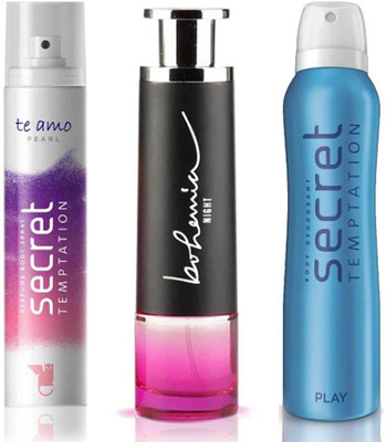 

Secret Temptation Bohemia Night Edp (100 ml), Te Amo Pearl Perfume Body Spray For Women (120 ml) and Play Deodorant For Women (150 ml) Perfume - 370 ml(For Men & Women)