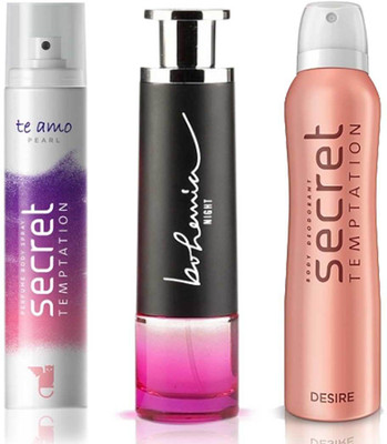 

Secret Temptation Bohemia Night Edp (100 ml), Te Amo Pearl Perfume Body Spray For Women (120 ml) and Desire Deodorant For Women (150 ml) Perfume - 370 ml(For Men & Women)